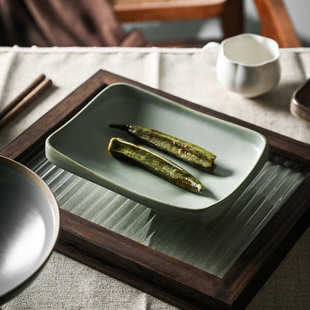 复古粗陶汤菜盘景德镇餐盘 莳绘金缮8英寸厚边长方钵深盘家用日式