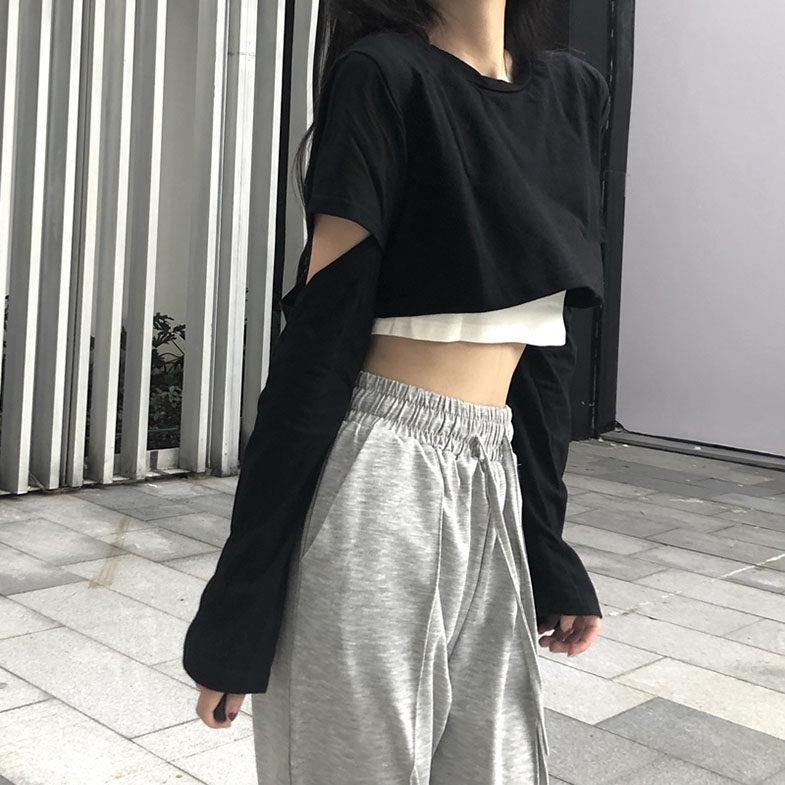 女团风练习室Lisa同款爵士跳舞辣妹短款露脐假两件jazz长袖上衣服