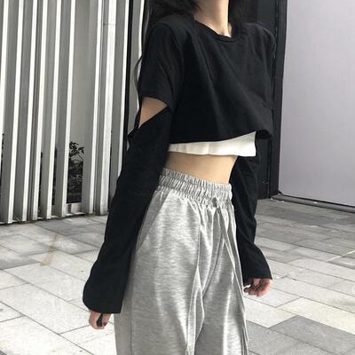 女团风练习室Lisa同款爵士跳舞辣妹短款露脐假两件jazz长袖上衣服