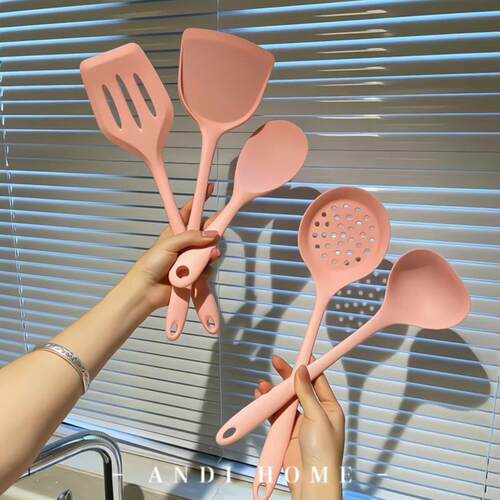粉色矽胶锅铲套装耐高温不沾锅家用厨房炒菜铲子煎铲汤勺饭匙厨具