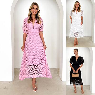 Dress V-neck waist cinched lace hollow out long skirt dress