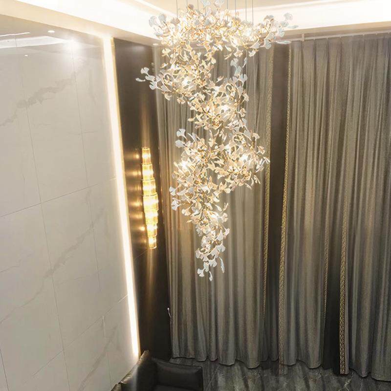 客厅灯别墅复式楼loft大吊灯轻奢大厅灯挑空酒店大堂灯陶瓷银杏叶