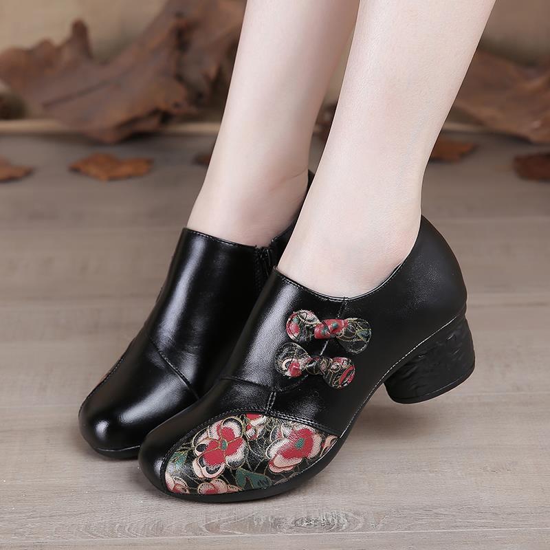 正品单年鞋女真皮民族风妈妈鞋粗新款古中跟老复牛皮鞋印花春秋女