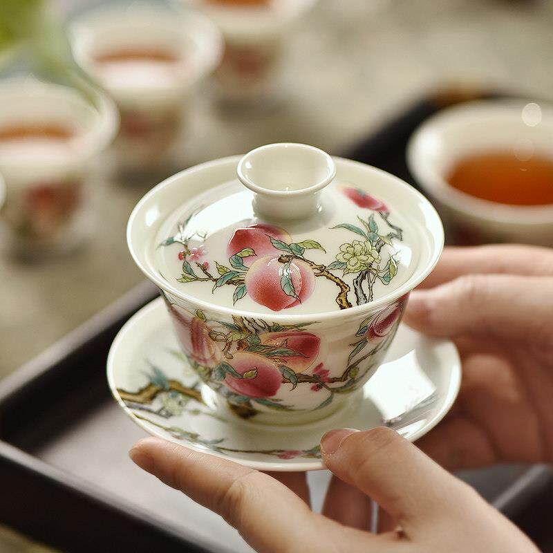 瓷景德6695695镇三才盖碗茶杯景德镇陶主人桃杯茶杯单杯粉彩寿茶