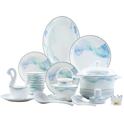 景德镇高端骨瓷餐具家用陶瓷碗饭碗碗碟套装缥缈简约碗盘批发送礼