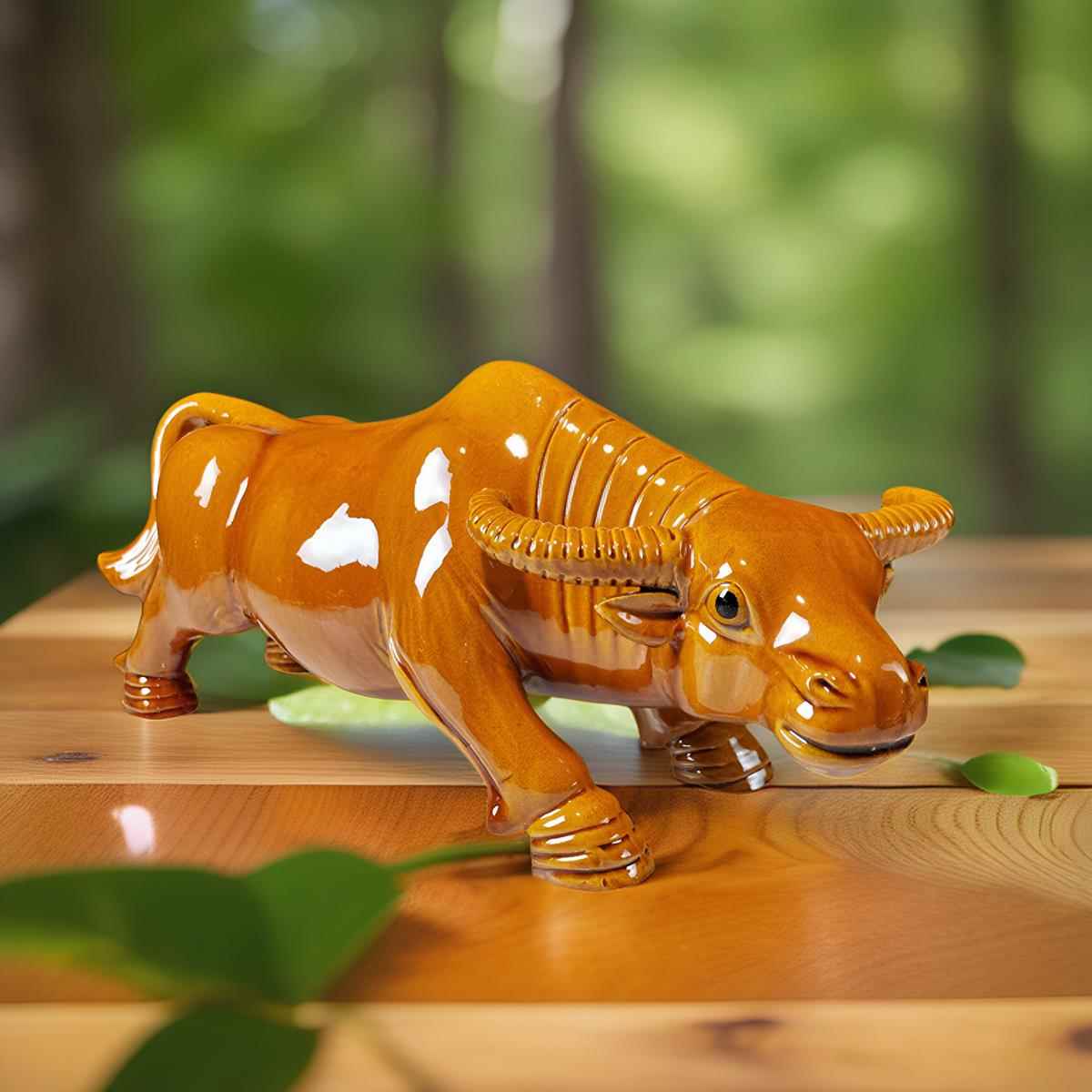 陶瓷牛唐三彩黄色水牛黑牛青牛风水卫生间厨房补角装饰工艺品摆件