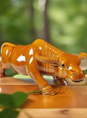 陶瓷牛唐三彩黄色水牛黑牛青牛风水卫生间厨房补角装饰工艺品摆件