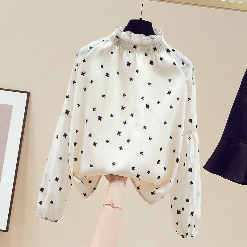 韩国荷叶木耳边半高领雪纺衬衫女春秋新款洋气上衣内搭外穿打底衫