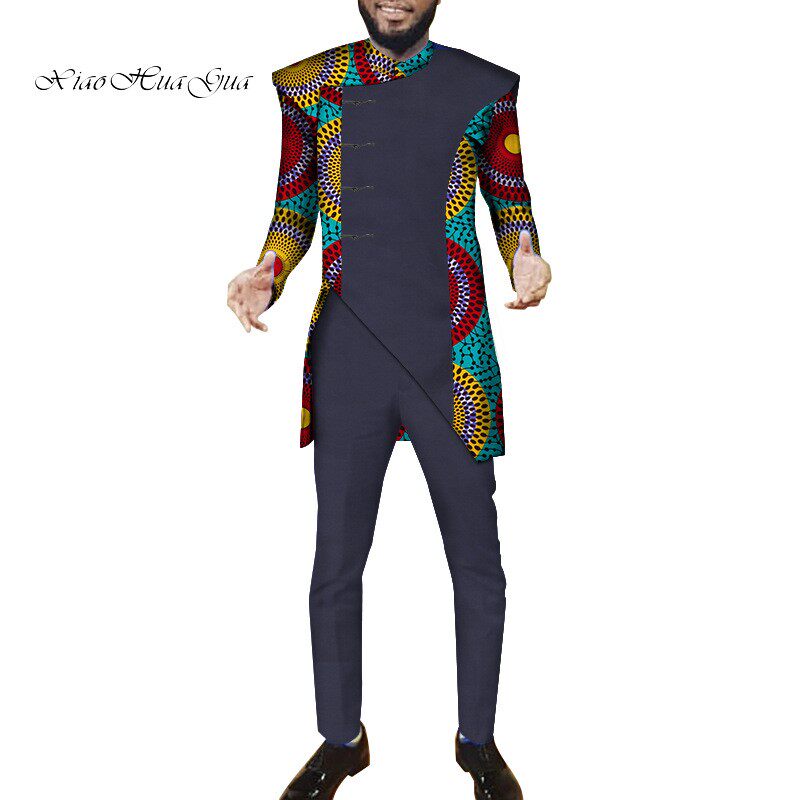 定制非洲民族T恤长袖休闲长裤套装印花男装African men clothing