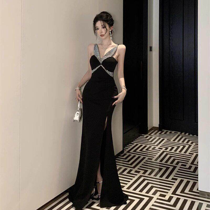 法式气质黑色吊带连衣裙女轻奢高级性感包臀鱼尾长裙宴会生日礼服
