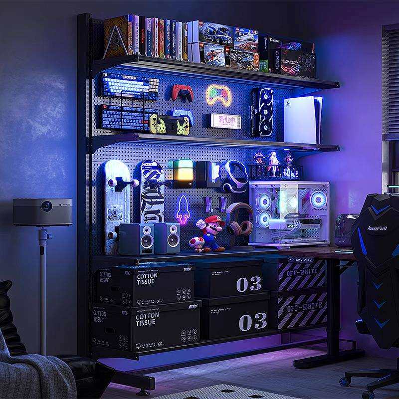 立式电竞金属置物架落地打孔改造免收纳架房间装饰电脑桌面洞洞