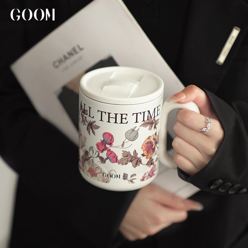 GOOM保温马克杯办公室咖啡杯子女生高颜值不锈钢带盖泡茶杯办公杯