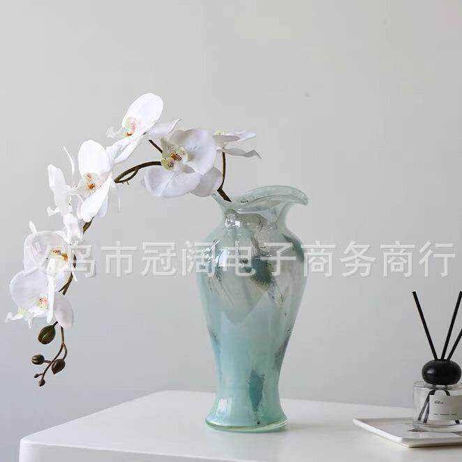 蓝色透明玻璃花瓶中式风格复古花边装饰花器摆件客厅玄关插花水培