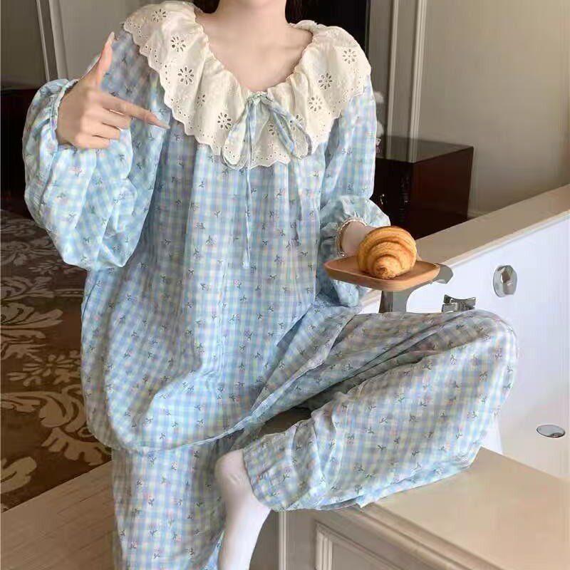 韩版甜美蕾丝公主风学生宽松格纹碎花秋季日系长袖外穿家居服睡衣