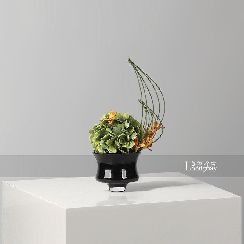 中古黑色玻璃高脚小花瓶花艺样板房会所客厅茶几小桌花设计感摆件
