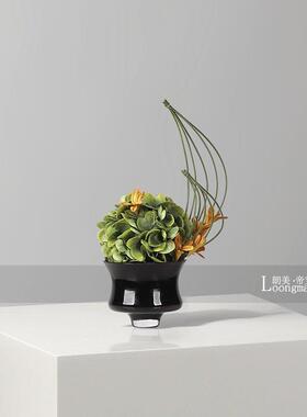 中古黑色玻璃高脚小花瓶花艺样板房会所客厅茶几小桌花设计感摆件