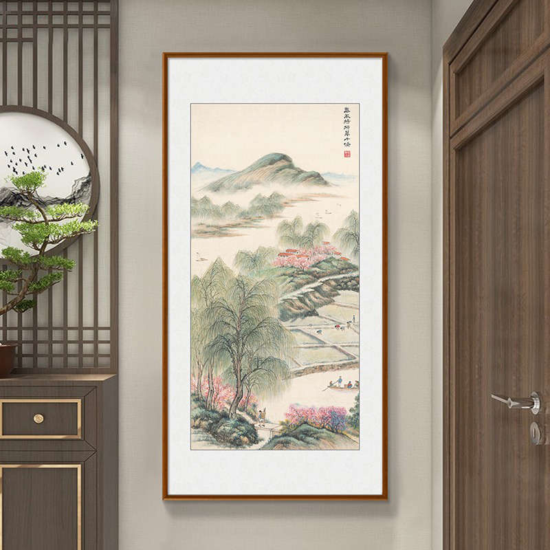 春风杨柳风景新中式玄关装饰画走廊过道壁画竖版招财瀑布山水挂画
