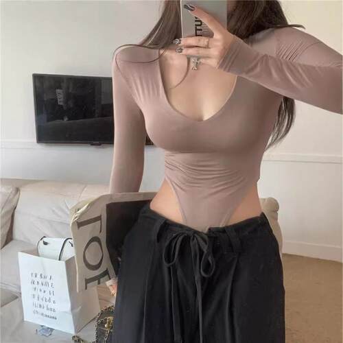 Fashion Womens V-Neck Long Sleeve Knit Fitted Basic Bodysuit