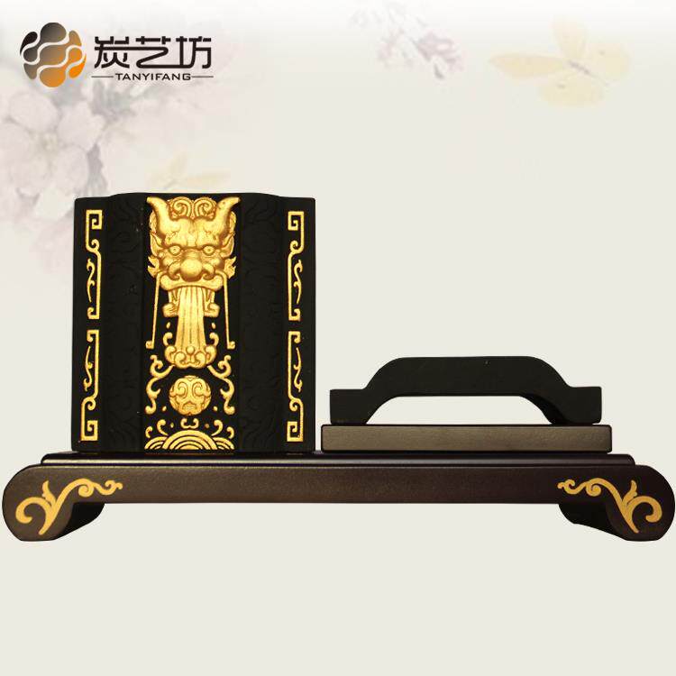 高档炭雕创笔筒中意式办公室书房桌面摆件老送师朋友领导客户商务