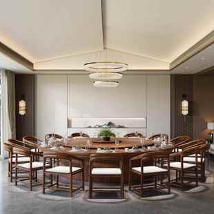 新中式酒店餐桌大圆桌15/20人黑胡桃实木包厢会所现货民宿宴会桌