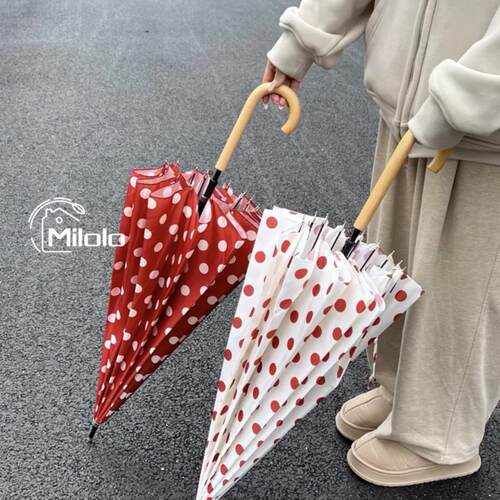 红色覆古波点伞高颜值长柄伞上课通勤加固防风雨伞抗UV遮阳伞
