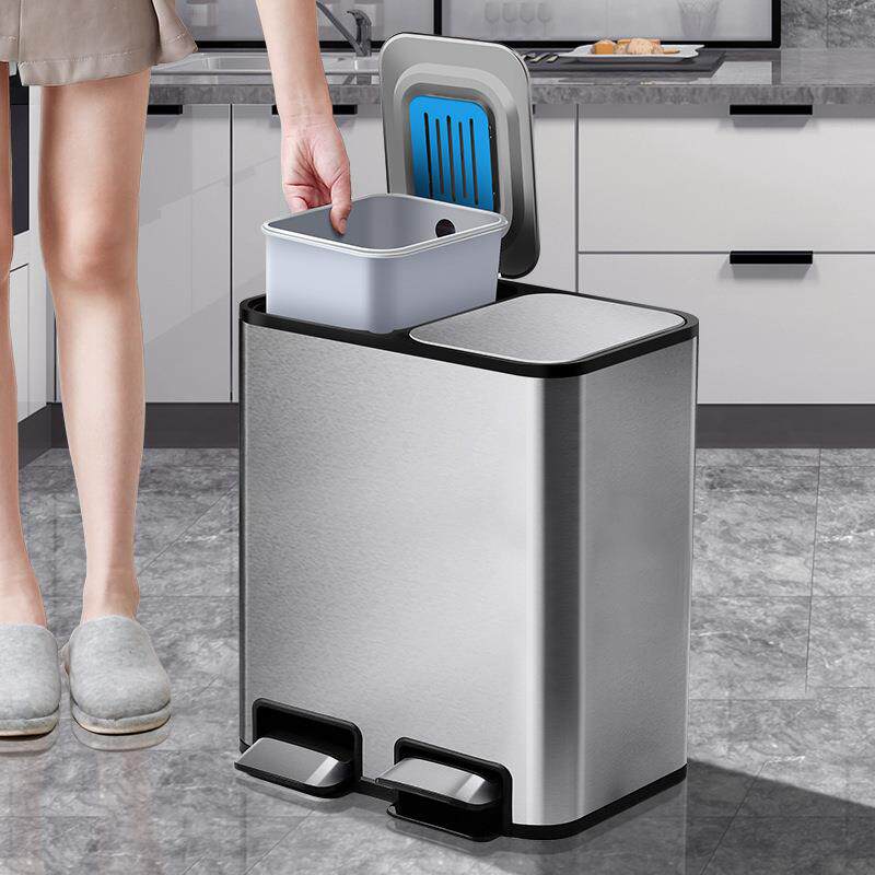 厨房分类垃圾桶家用干湿分离专用轻奢客厅大号带盖不锈钢脚踏双桶