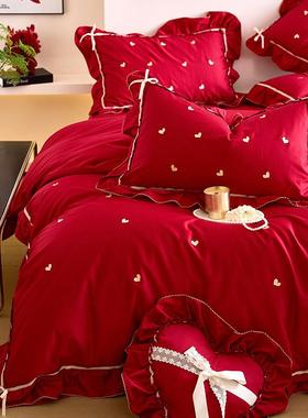 刺绣小爱心婚庆四件全1套0支长EGA0绒棉棉红色花边结婚被套床单床