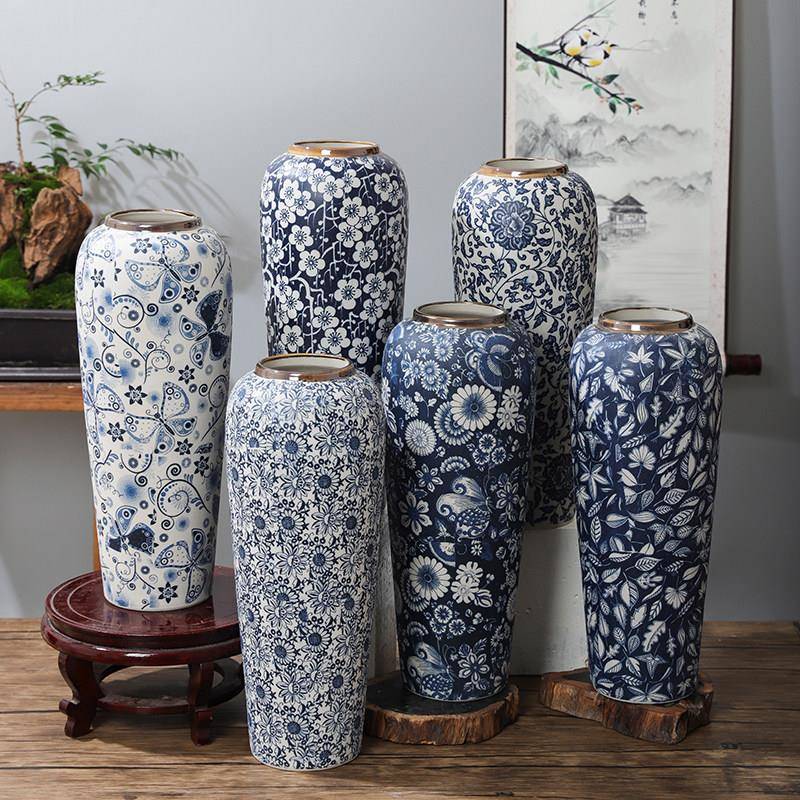 35CM高景德镇陶瓷青花花瓶家居摆件样板房金边花器瘦萝卜手工花瓶