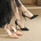 女2025新款 43一字扣细跟尖头凉鞋 小码 裸色高跟鞋 33大码