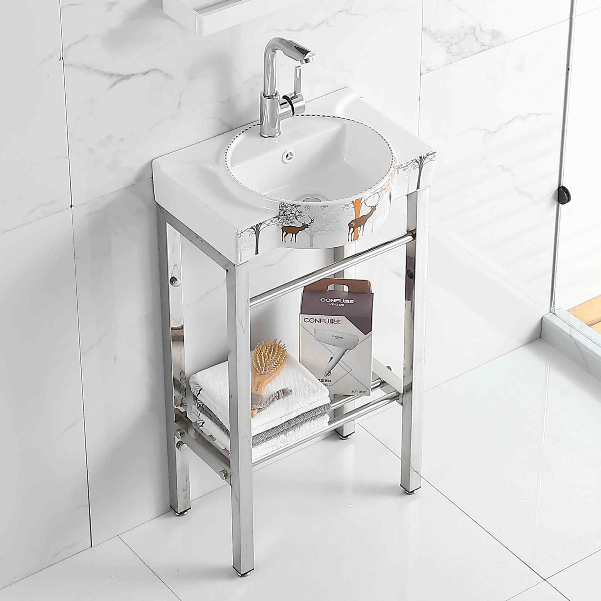 落地式洗脸盆组合小号陶瓷洗手盆洗漱盆简约不锈钢支架防水立柱盆