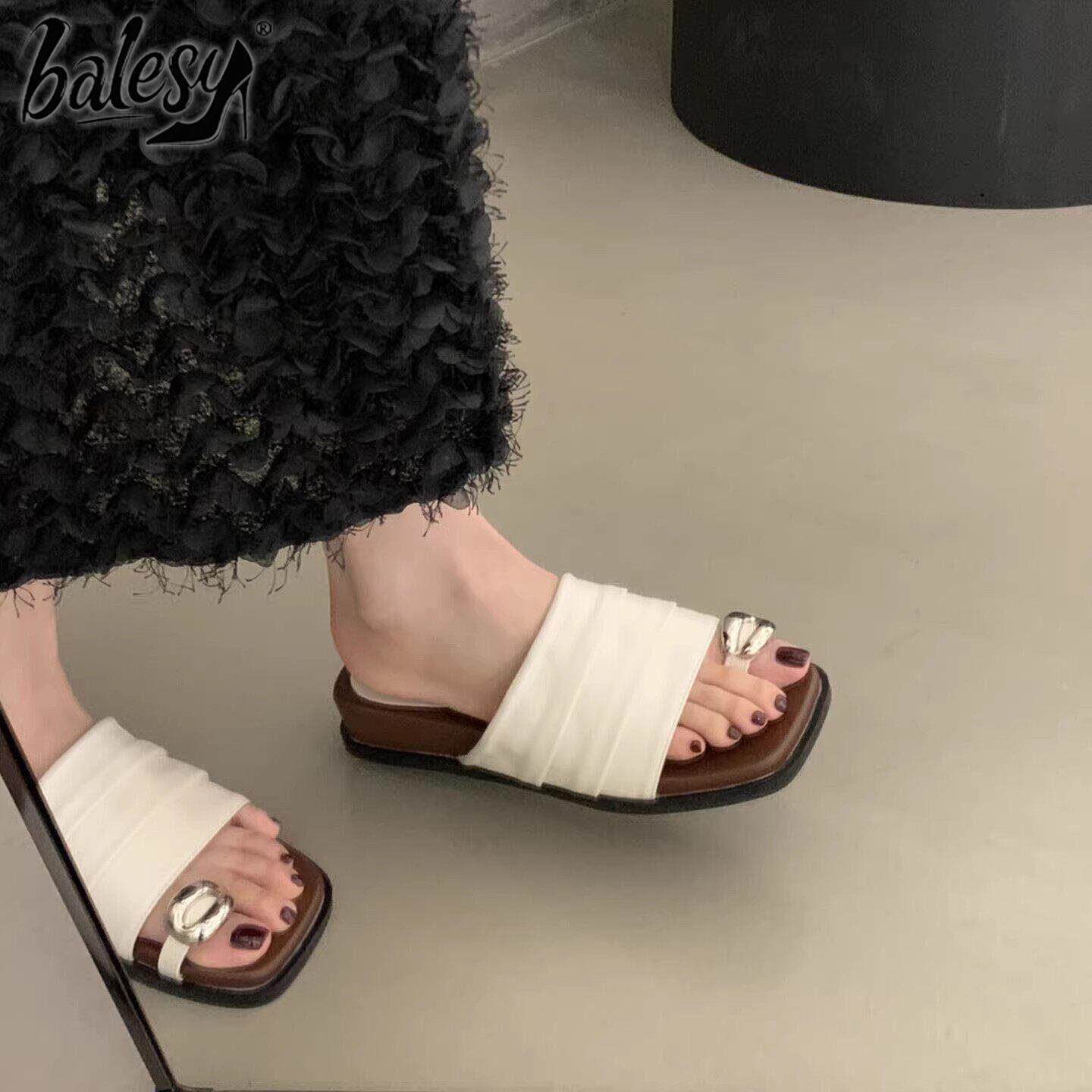 英国真皮厚底一字拖女外穿2026夏季新款配裙子坡跟绝美方头凉拖鞋