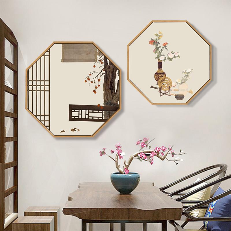 新中式玄关装饰画 画八边形饭厅古典花鸟过道壁画 画客厅茶室背景