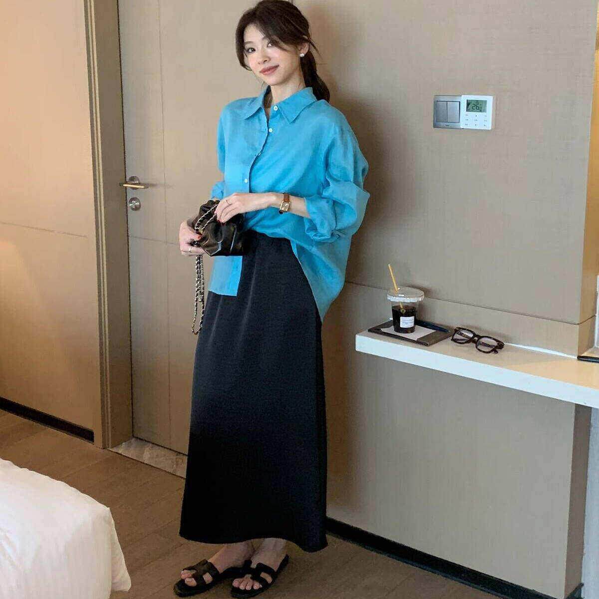 NextMary法式湖蓝色长袖衬衫女春季气质棉麻上衣显瘦薄款外搭衬衫