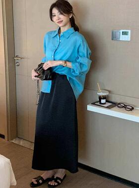 NextMary法式湖蓝色长袖衬衫女春季气质棉麻上衣显瘦薄款外搭衬衫