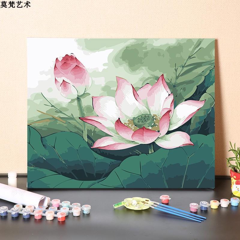 数字油画diy手工填充中式清新自然荷花客厅装饰画手绘涂色油彩画图片