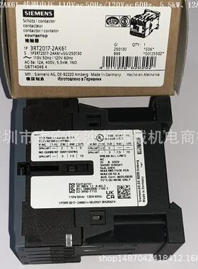 3RT2016-2AK62 接触器 线圈电压110Vac 50Hz/120Vac 60Hz、4kW