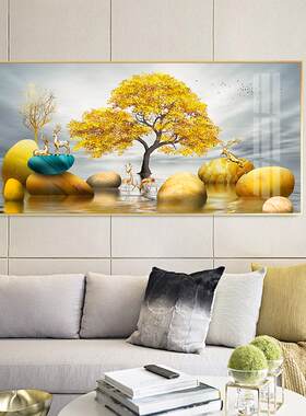 卧室床头装饰画横幅简约北欧现代客厅沙发背景墙画晶瓷画金石麋鹿