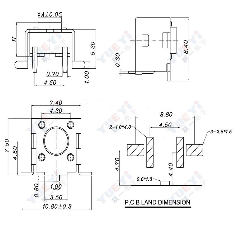 轻触按键式6*6*4.3-11贴两片支架1.0固定头6贴*6TEQ侧平整下脚盘