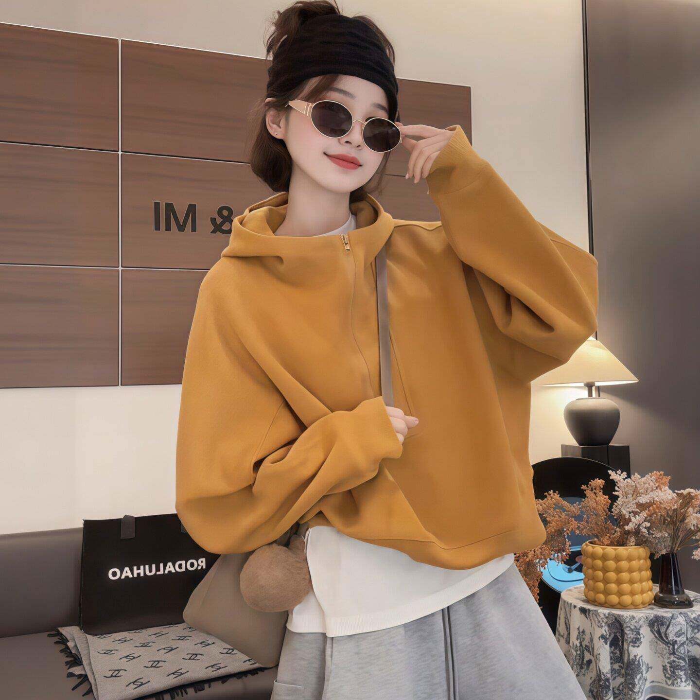 欧洲站半拉链连帽卫衣女2025年秋冬新款大码设计感百搭短款上衣潮