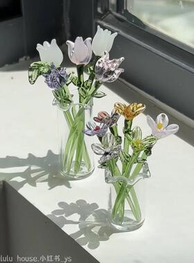 【花有约春不误】蓝玉郁金香永生花手工琉璃花瓶居家桌面治愈摆件