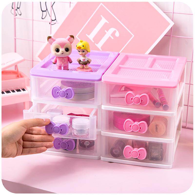 蝴蝶结粉色塑料抽屉柜 少女饰品4层桌面收纳柜文具化妆品抽屉层柜