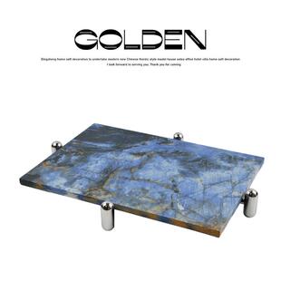 蓝色天然大理石托盘长方形圆形香薰托盘客厅茶几桌果盘收纳盘摆件