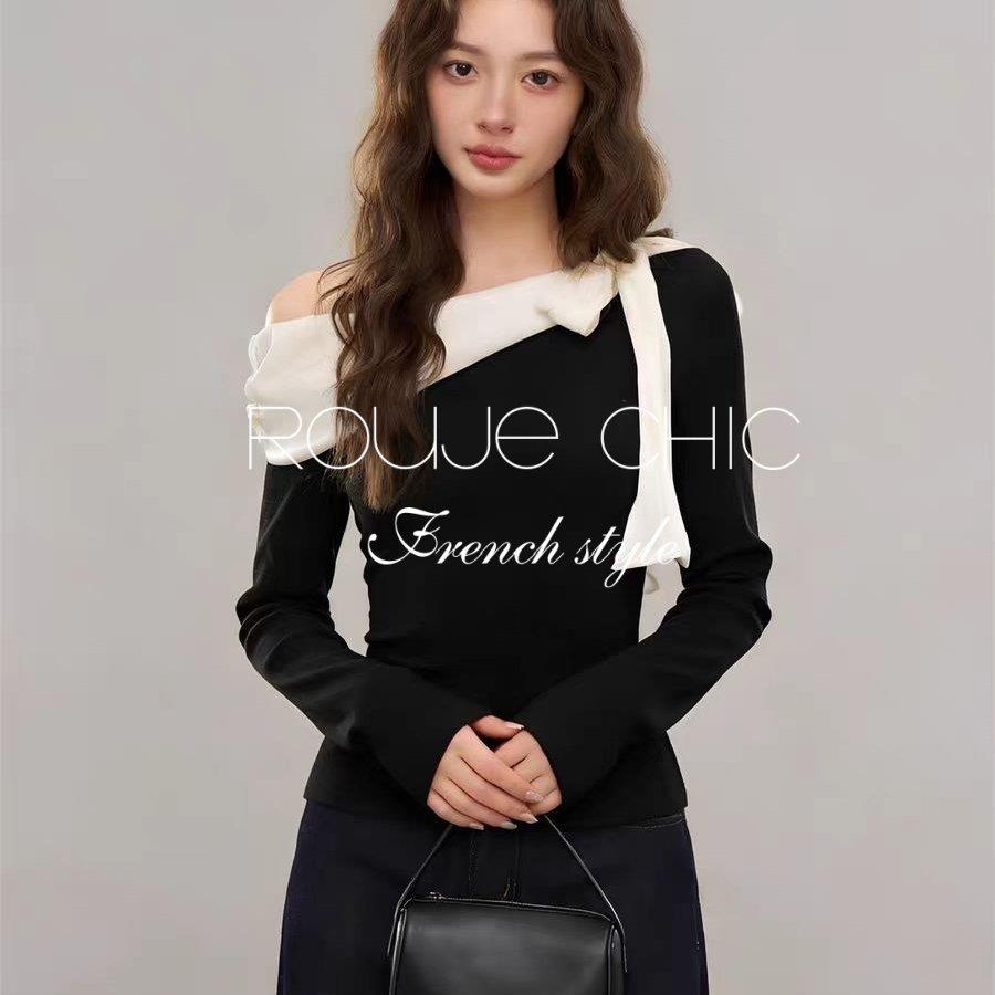 法国rouje chic春季法式黑色设计蝴蝶结斜肩内搭打底针织衫上衣女