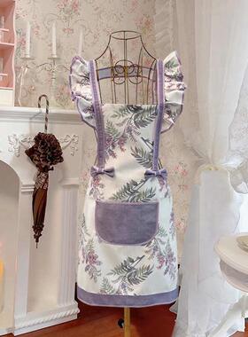 紫色印花围裙女夏季薄款家用可爱时尚批发围腰可印字logo罩衣