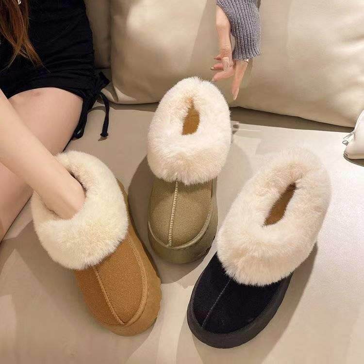松糕厚底雪地靴增高保暖加绒棉鞋冬家居女棉拖鞋包头拖平底一脚蹬