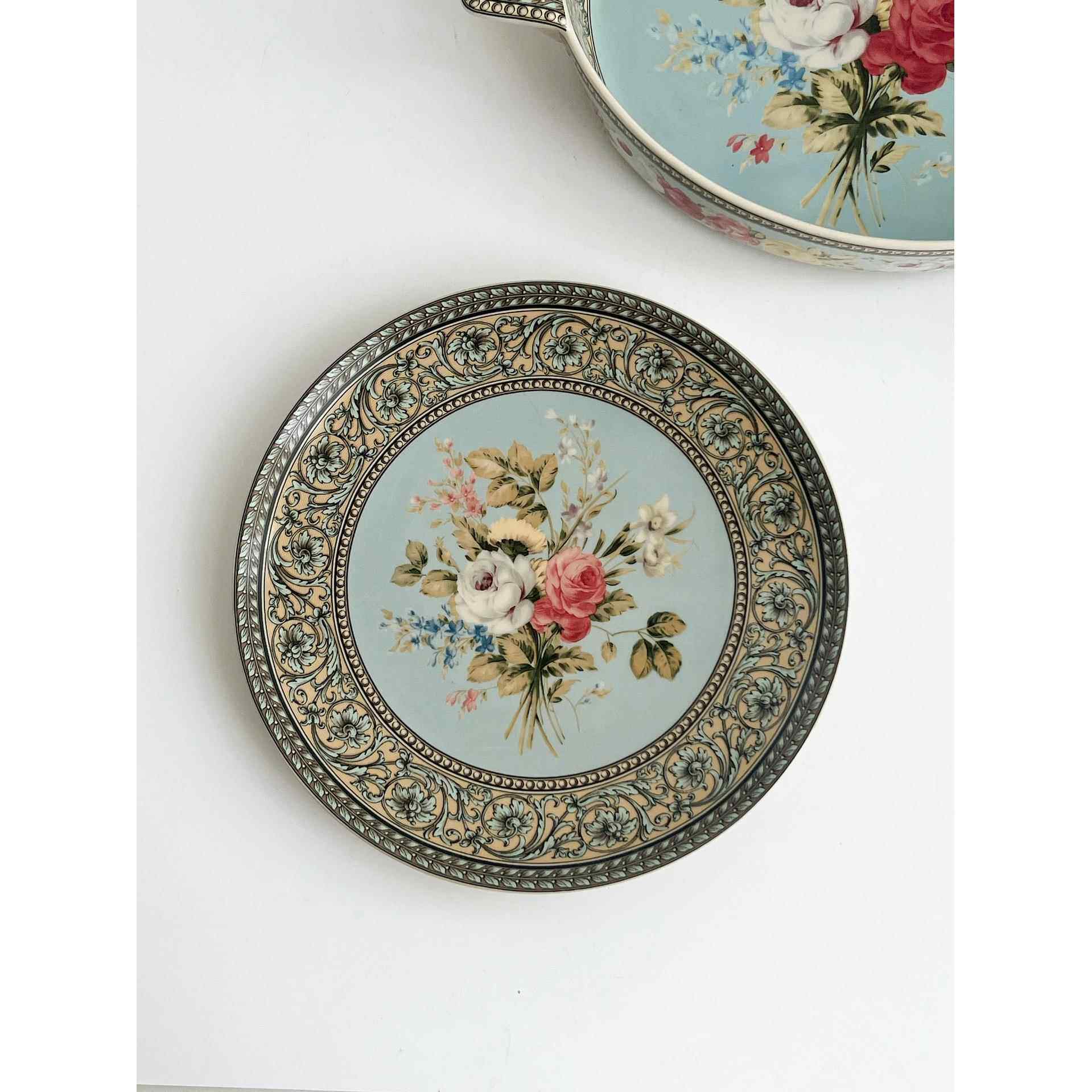 中古瓷 复古蓝色蔷薇花束系列黑瓷釉中彩陶瓷盘烤盘