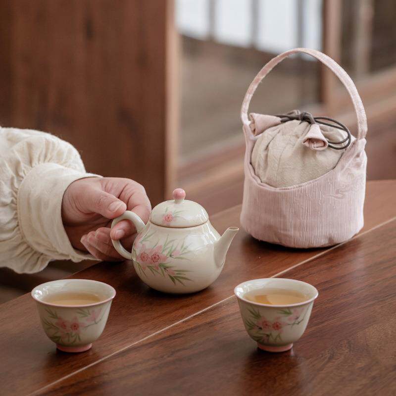 冰台釉下彩手绘桃花旅行茶具粉色快客便携套装功夫便携式梨壶一杯