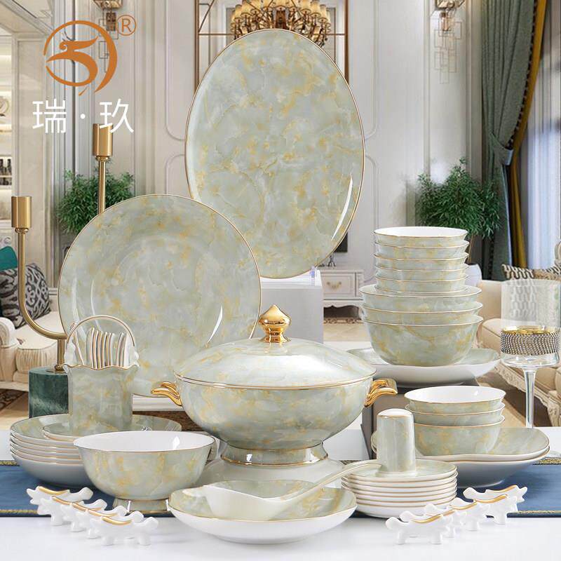 轻奢餐具套组2025新款大理石纹灰色碗盘组合家用60头骨瓷碗碟套装