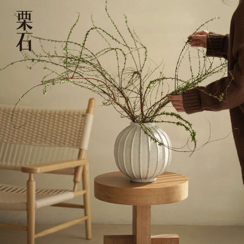 栗石【静】侘寂风陶瓷圆肚花瓶摆件客厅玄关电视柜粗陶罐子插花器