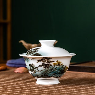 清泉流翠二才盖碗国家级刘培竹大师主人杯陶瓷杯功夫茶具家用送礼
